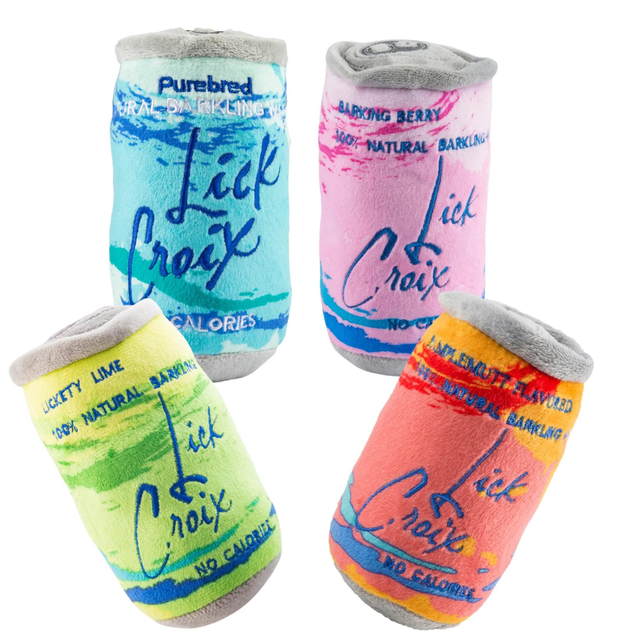 Colorful LickCroix 4 Pack Large Squeaker Dog Toys in a Durable Plush Set for All Breeds with 'Lick Croix' branding on a white background.